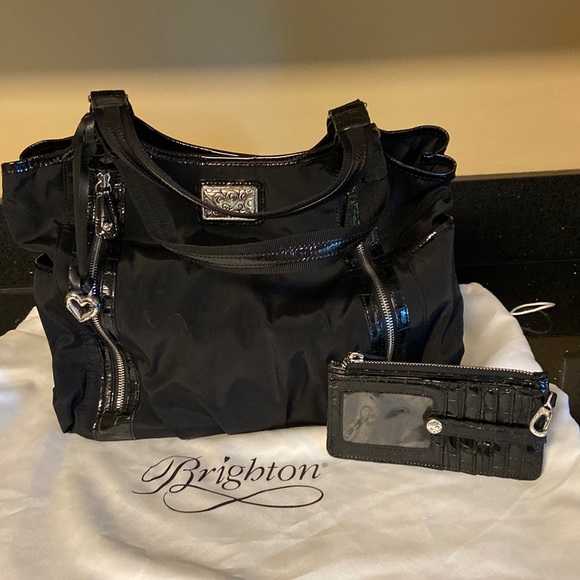 Brighton Handbags - * SALE Brighton Black Patent Leather & Nylon Diaper Work Tote Bag + ID Card Case